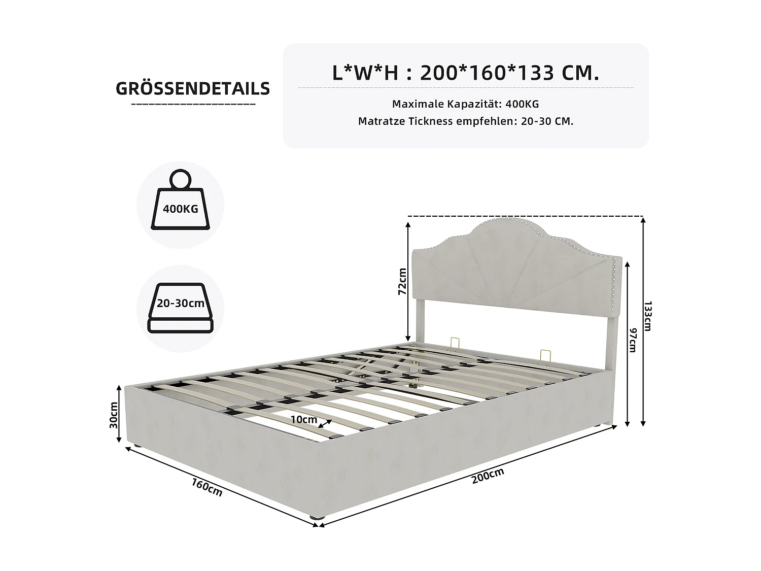 Cama con canapé 160 x 200 cm - Cama doble con cabecero suave y canapé - terciopelo beige - colchón no incluido
