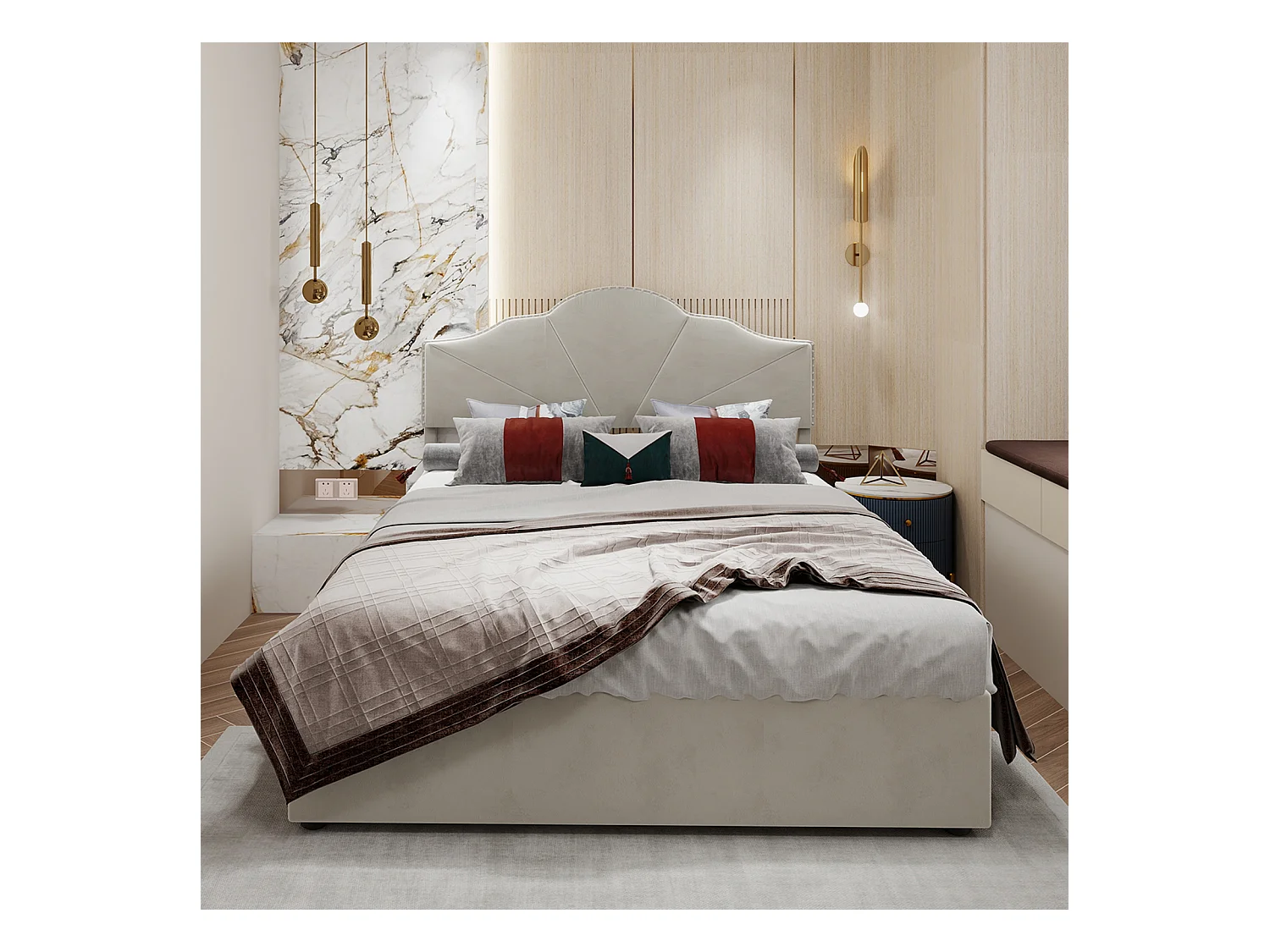 Lit coffre 140 x 200 cm - Lit double avec tête de lit moelleuse et rangement - velours beige - matelas non inclus