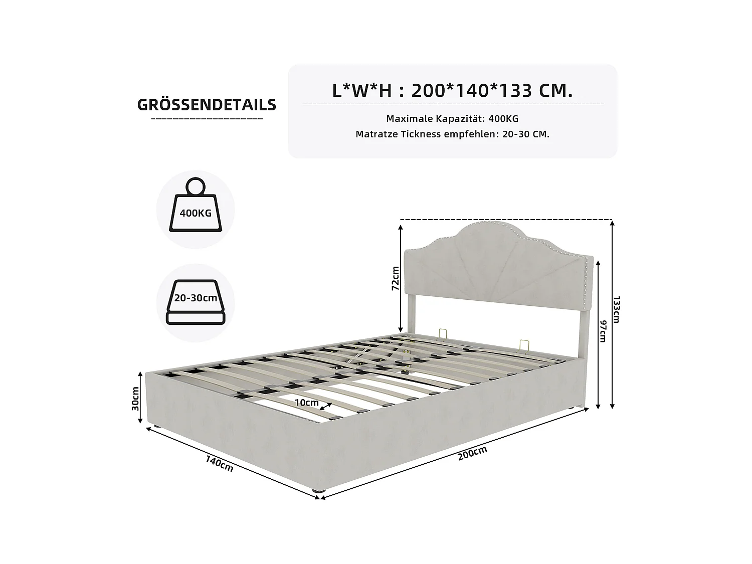 Lit coffre 140 x 200 cm - Lit double avec tête de lit moelleuse et rangement - velours beige - matelas non inclus