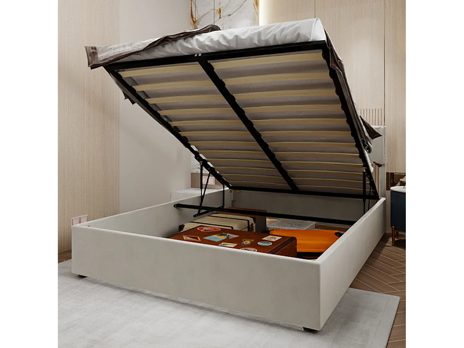 Cama con canapé 140 x 200 cm - Cama doble con cabecero suave y canapé - terciopelo beige - colchón no incluido