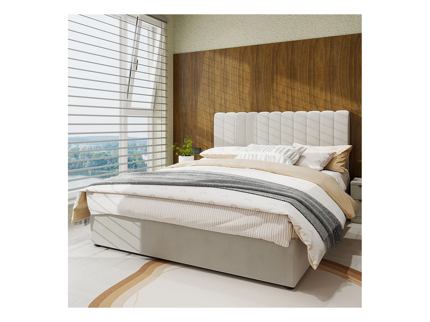 Lit adulte 140 x 200 cm - Lit avec tête de lit moelleuse et rangement - velours beige - matelas non inclus