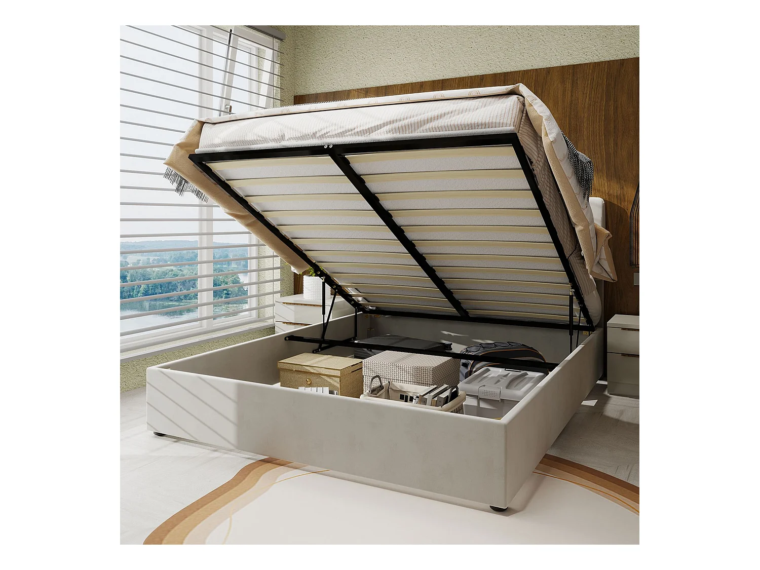 Lit adulte 140 x 200 cm - Lit avec tête de lit moelleuse et rangement - velours beige - matelas non inclus