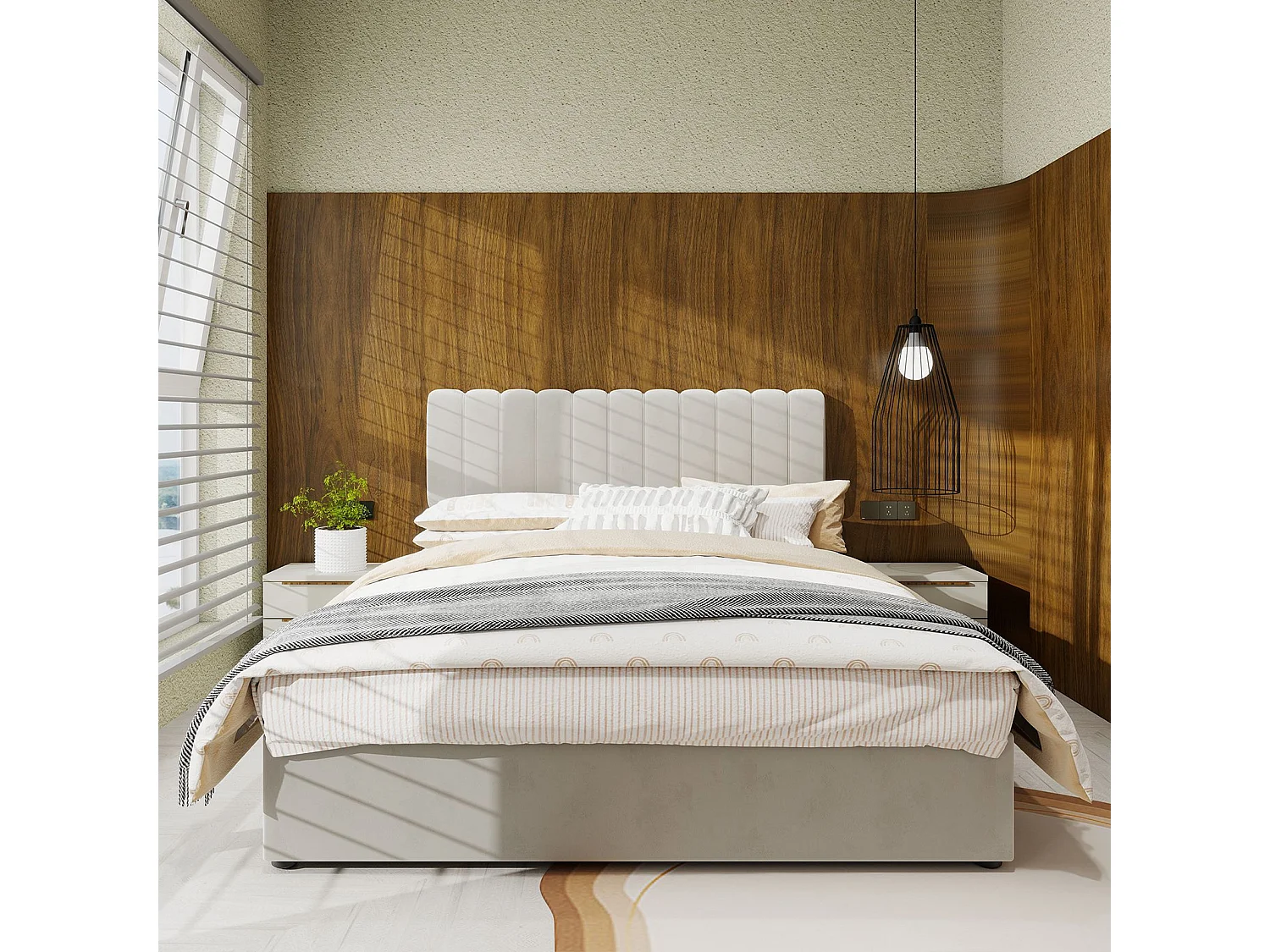 Lit adulte 140 x 200 cm - Lit avec tête de lit moelleuse et rangement - velours beige - matelas non inclus