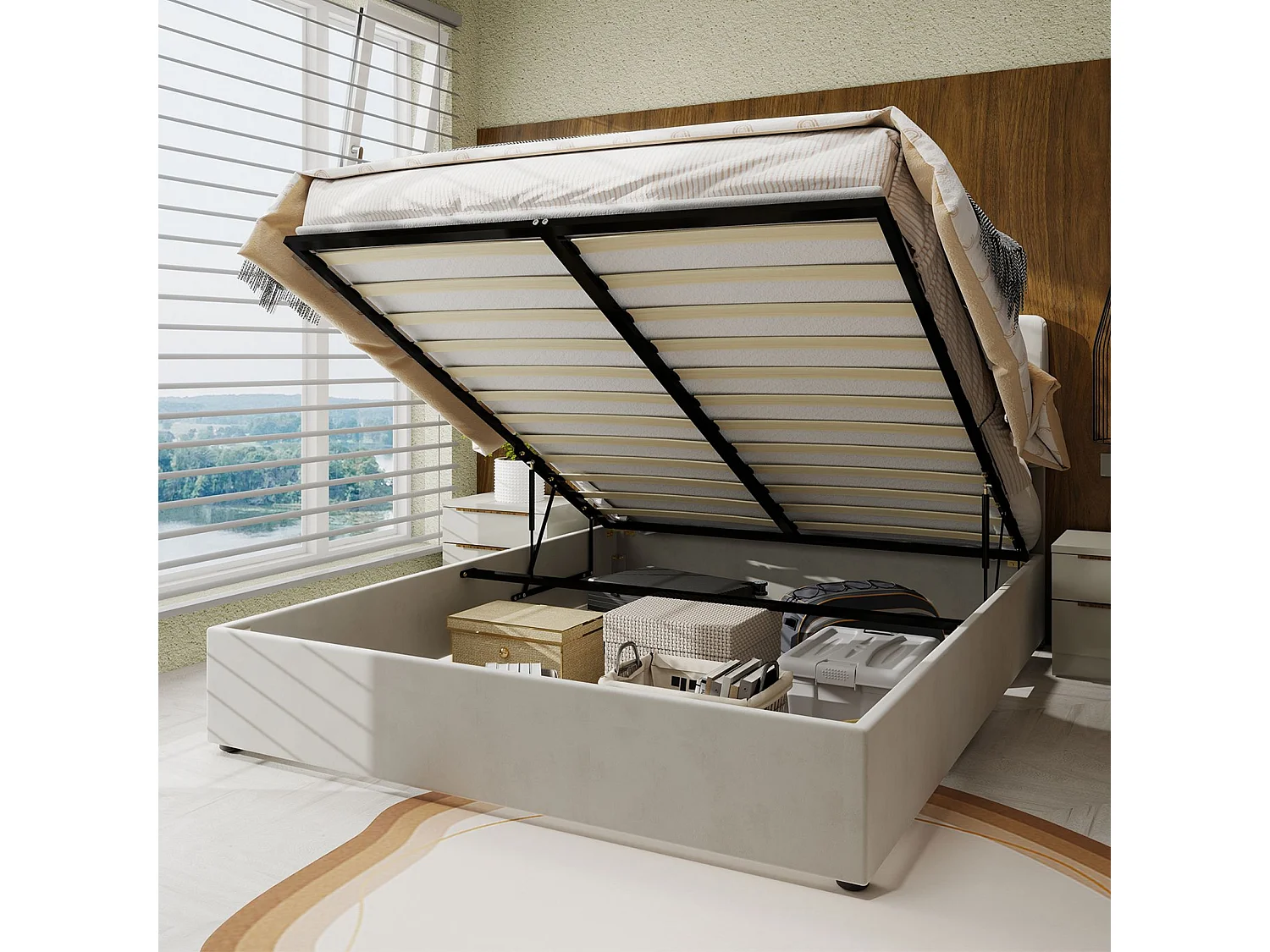 Lit adulte 140 x 200 cm - Lit avec tête de lit moelleuse et rangement - velours beige - matelas non inclus