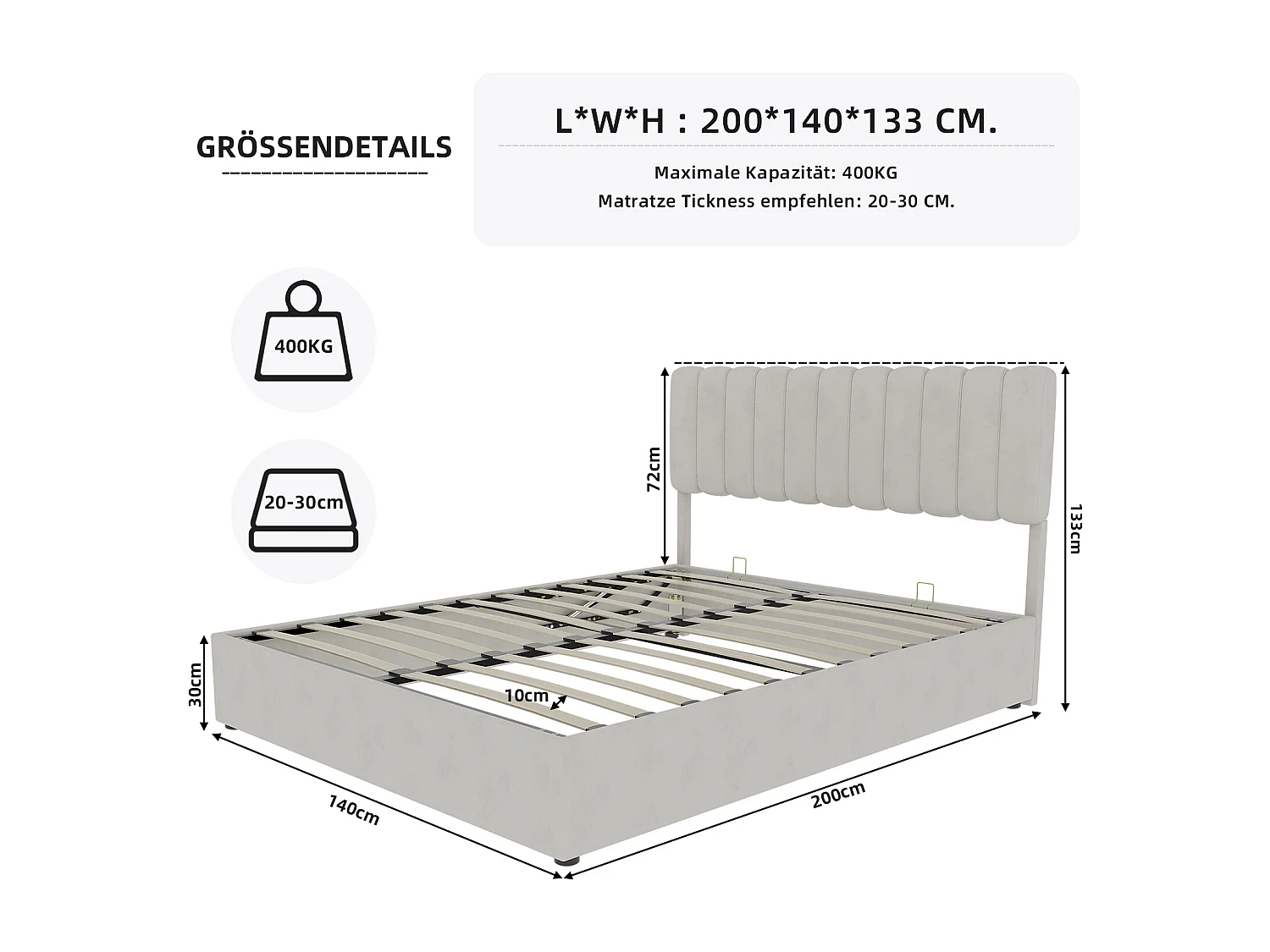 Lit adulte 140 x 200 cm - Lit avec tête de lit moelleuse et rangement - velours beige - matelas non inclus