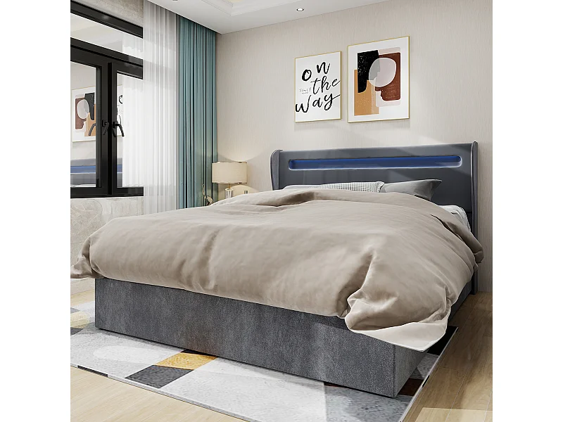 Lit coffre 160 x 200 cm - Lit adulte avec éclairage LED et sommier - velours gris - matelas non inclus