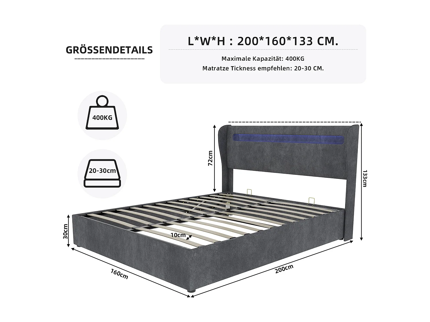 Lit coffre 160 x 200 cm - Lit adulte avec éclairage LED et sommier - velours gris - matelas non inclus