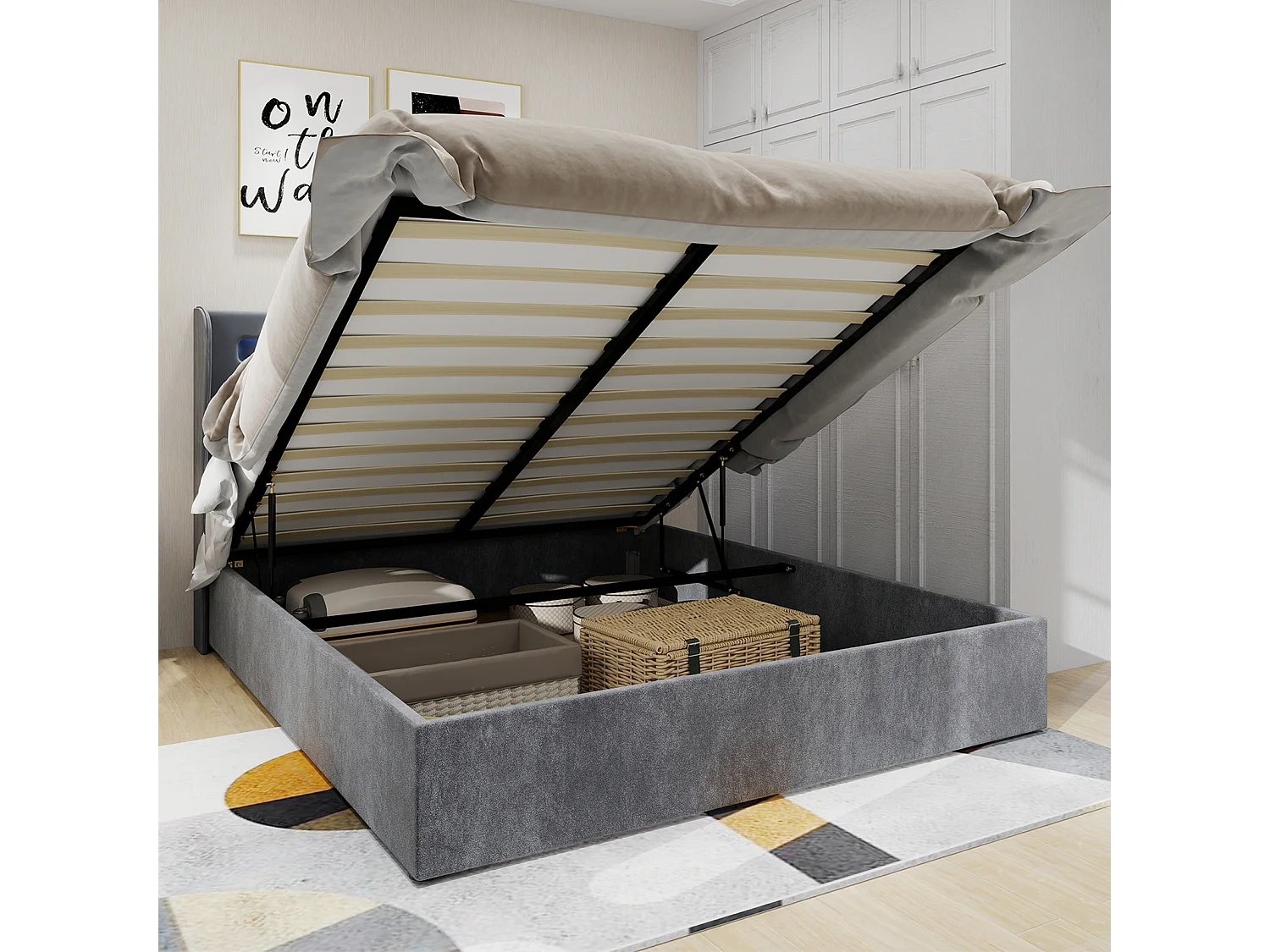 Lit coffre 160 x 200 cm - Lit adulte avec éclairage LED et sommier - velours gris - matelas non inclus