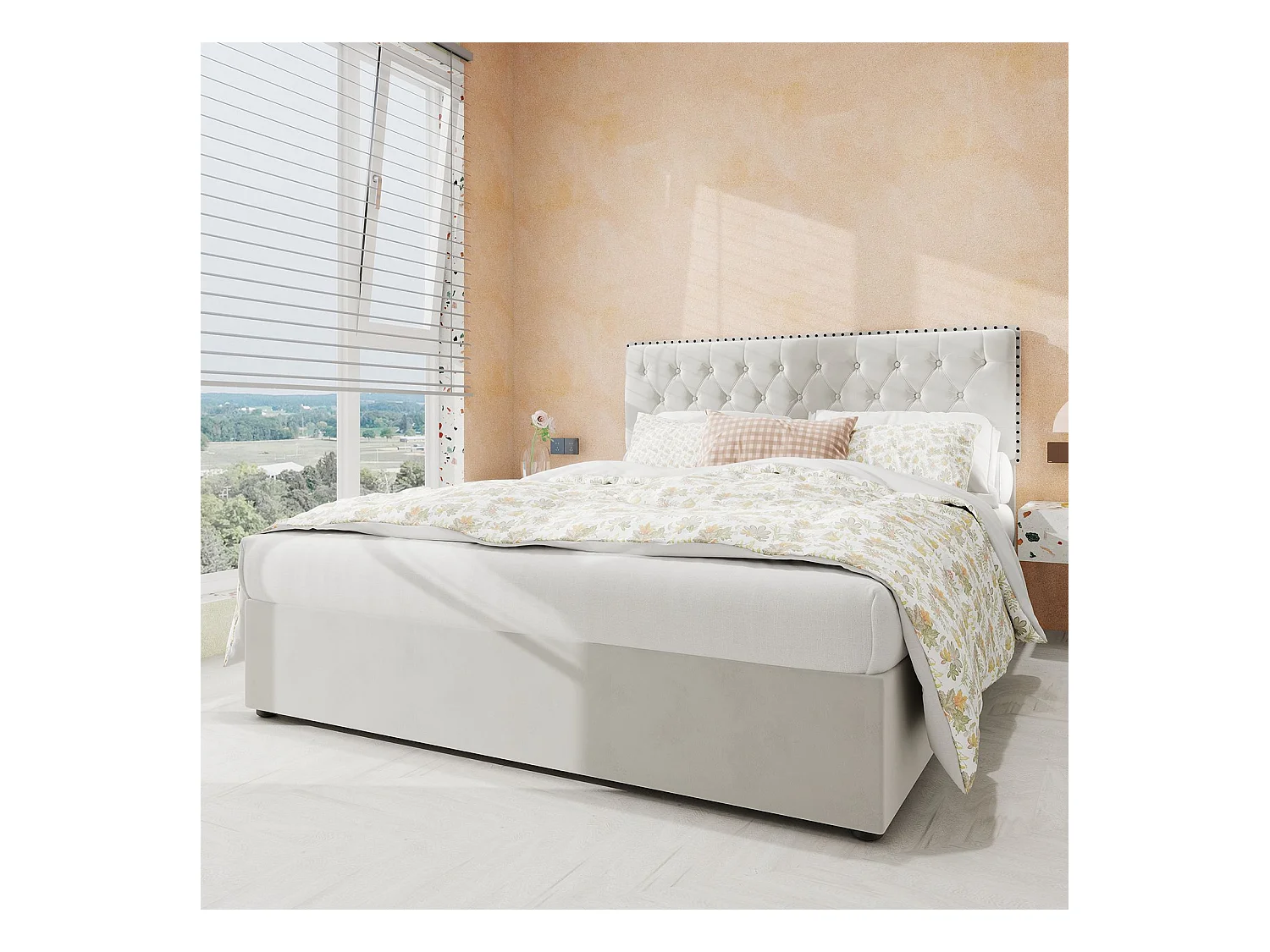 Lit coffre 160 x 200 cm - Lit double avec tête de lit moelleuse et rangement - velours beige - matelas non inclus