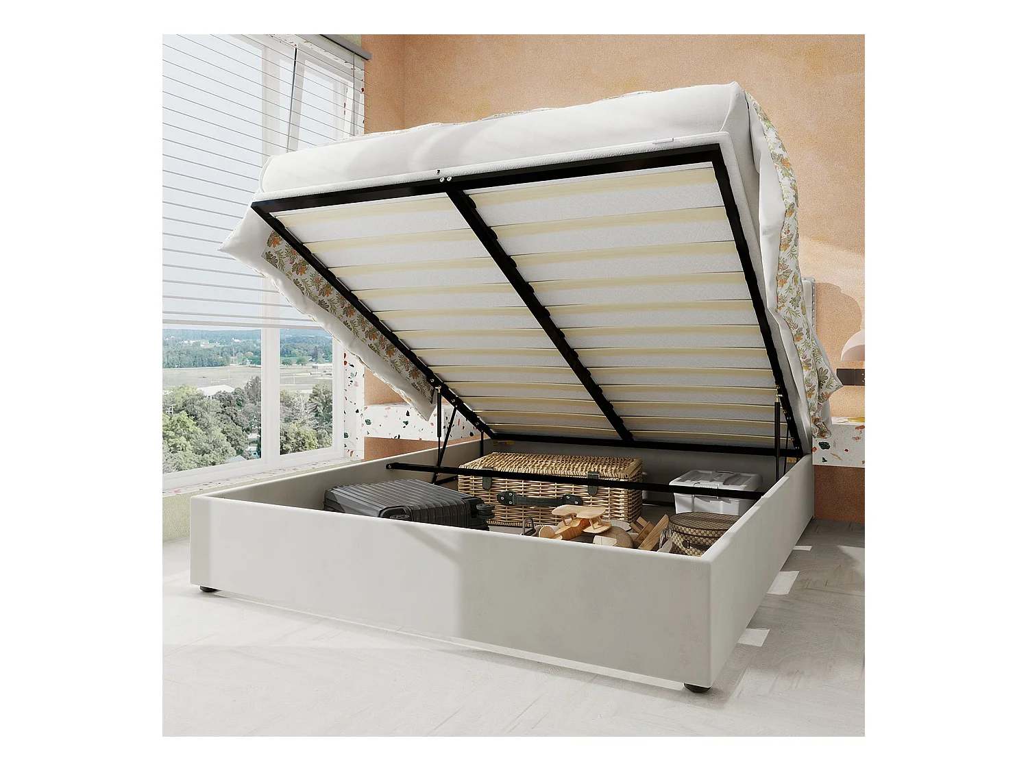 Lit coffre 160 x 200 cm - Lit double avec tête de lit moelleuse et rangement - velours beige - matelas non inclus