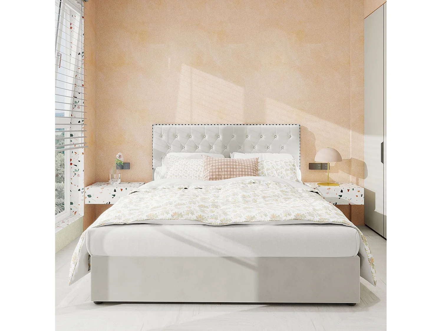 Lit coffre 160 x 200 cm - Lit double avec tête de lit moelleuse et rangement - velours beige - matelas non inclus
