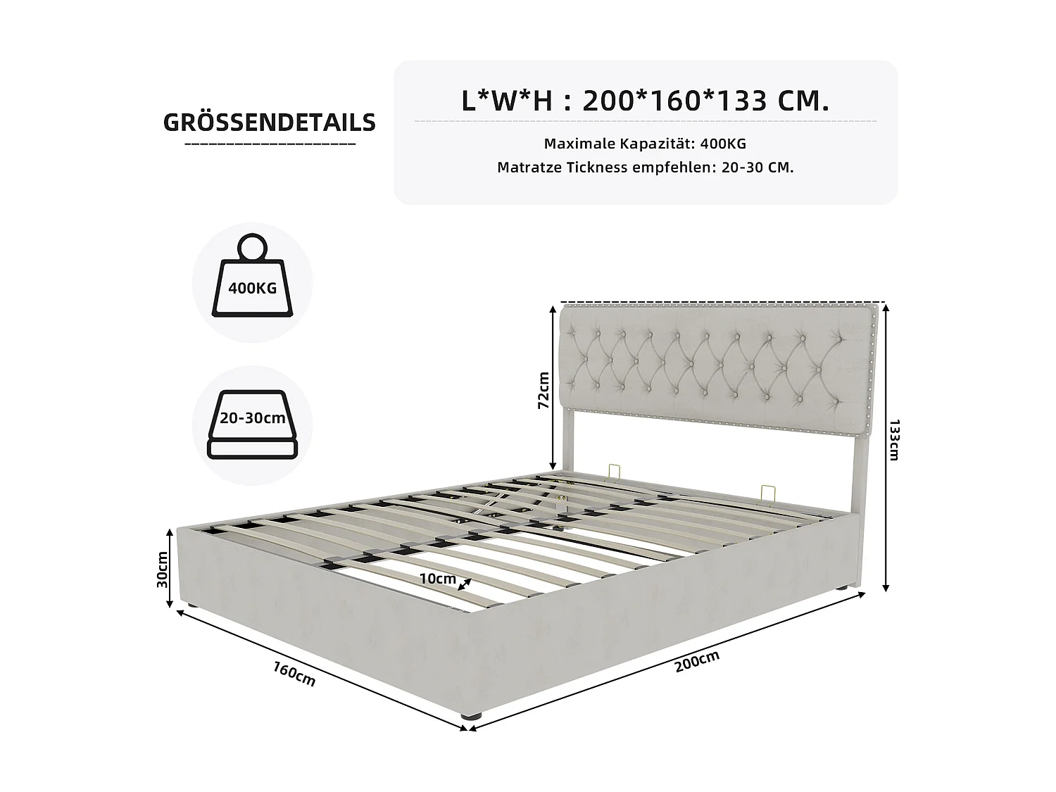 Lit coffre 160 x 200 cm - Lit double avec tête de lit moelleuse et rangement - velours beige - matelas non inclus