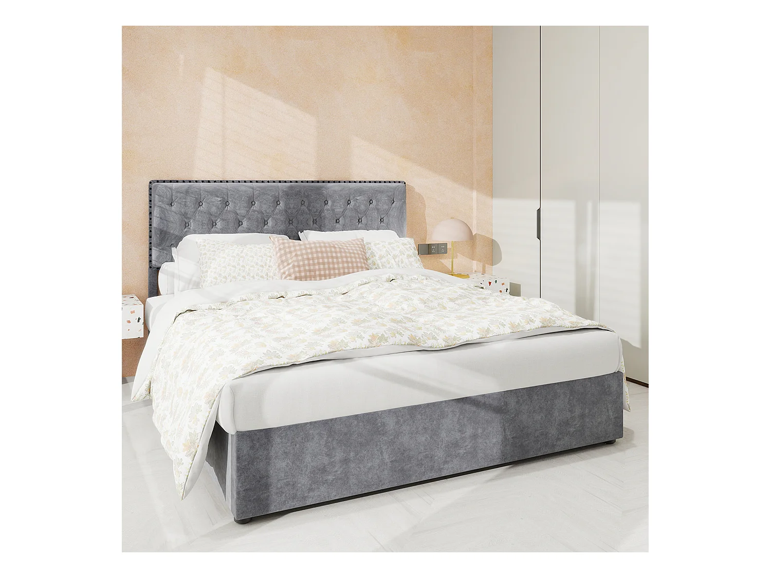 Lit coffre 160 x 200 cm - Lit double avec tête de lit moelleuse et rangement - velours gris - matelas non inclus