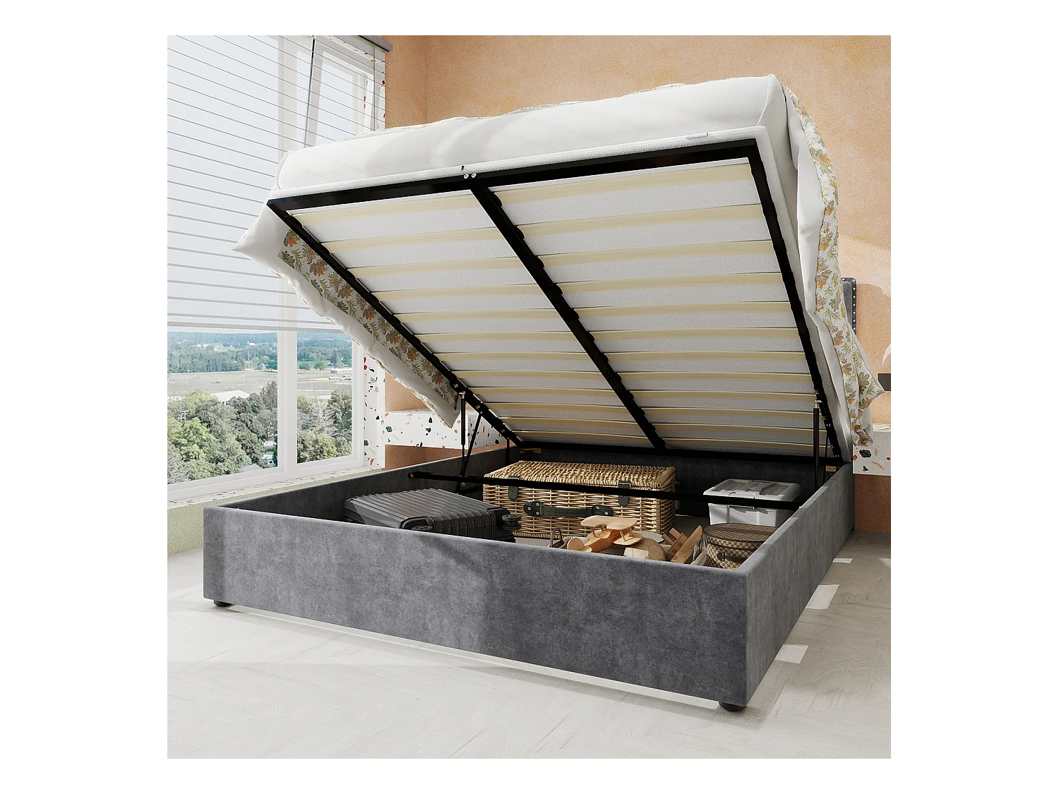 Lit coffre 160 x 200 cm - Lit double avec tête de lit moelleuse et rangement - velours gris - matelas non inclus