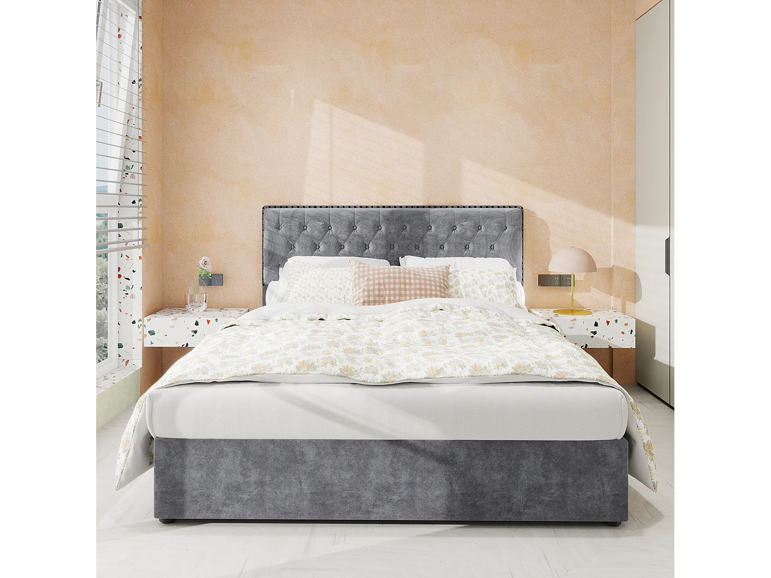 Lit coffre 160 x 200 cm - Lit double avec tête de lit moelleuse et rangement - velours gris - matelas non inclus