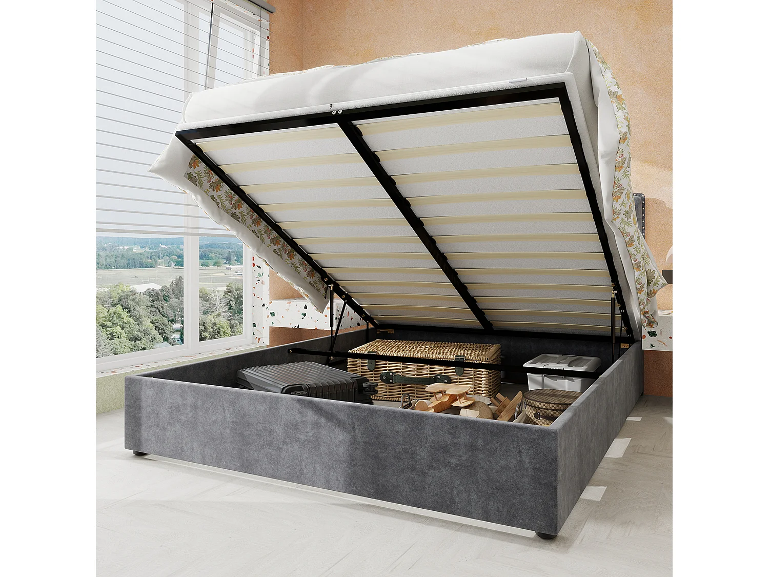 Lit coffre 160 x 200 cm - Lit double avec tête de lit moelleuse et rangement - velours gris - matelas non inclus