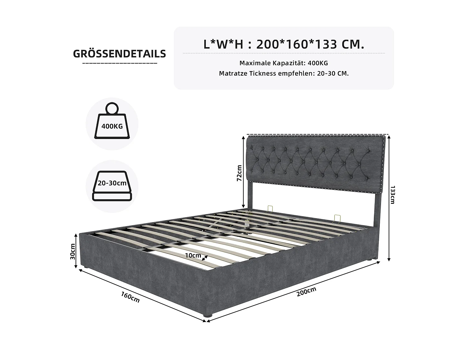Lit coffre 160 x 200 cm - Lit double avec tête de lit moelleuse et rangement - velours gris - matelas non inclus