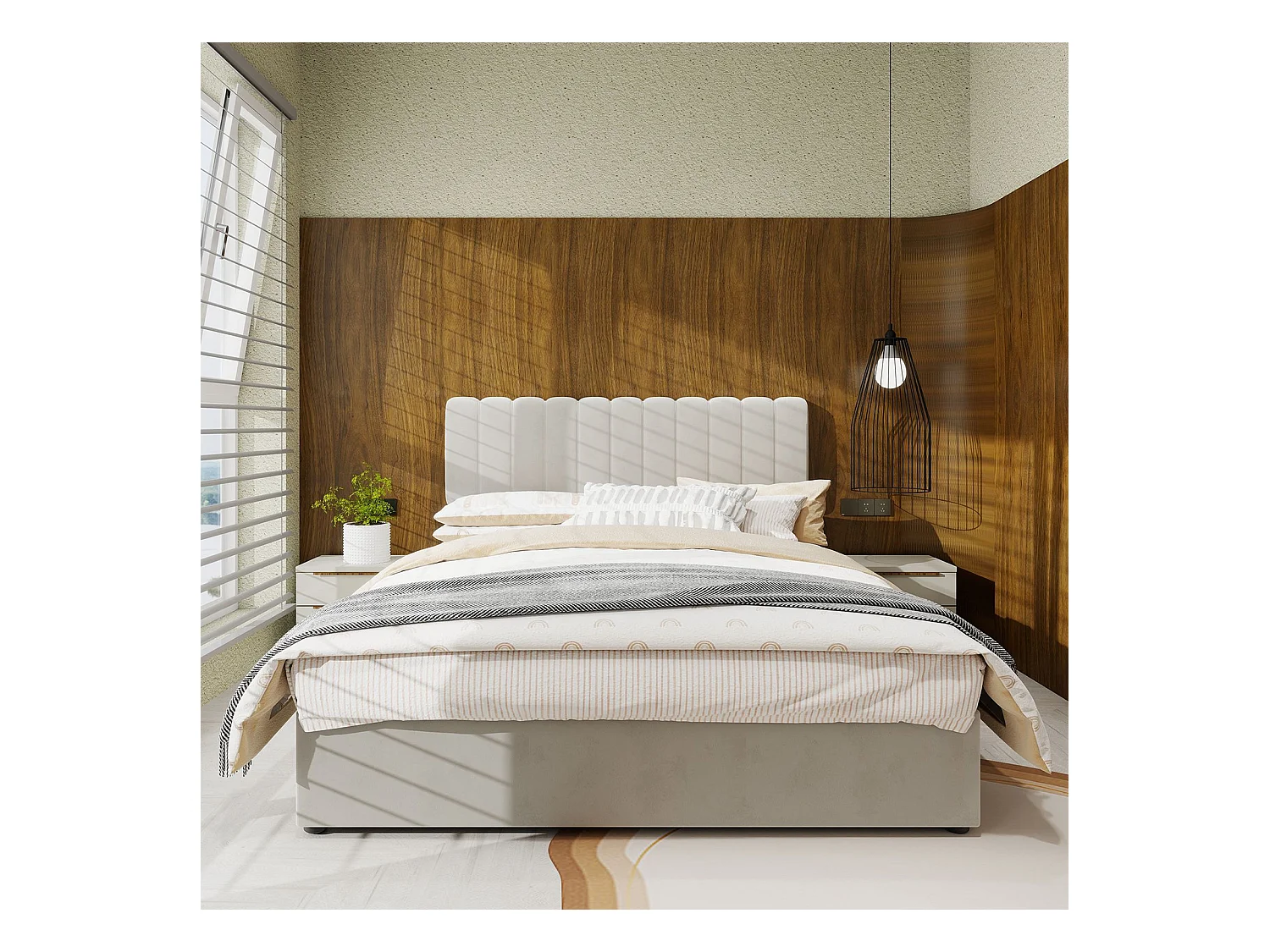 Lit adulte 160 x 200 cm - Lit avec tête de lit moelleuse et rangement - velours beige - matelas non inclus