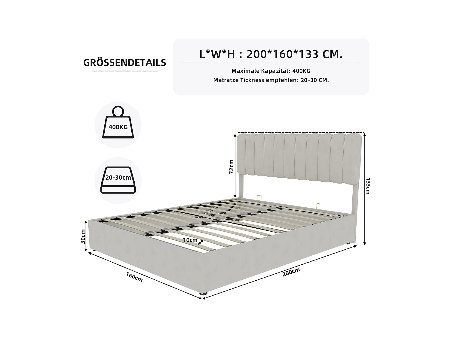 Lit adulte 160 x 200 cm - Lit avec tête de lit moelleuse et rangement - velours beige - matelas non inclus