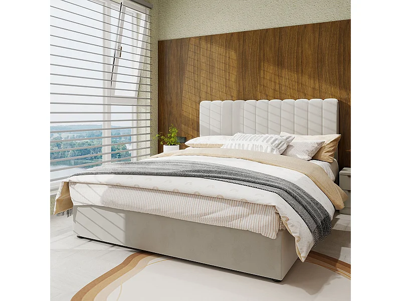 Cama de adulto 160 x 200 cm - Cama com cabeceira macia e arrumação - veludo bege - colchão não incluído