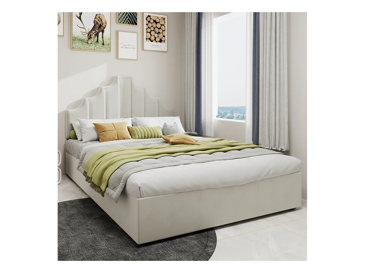 Letto contenitore 140 x 200 cm - Letto per adulti con testiera morbida e contenitore - velluto olandese beige - materasso non incluso