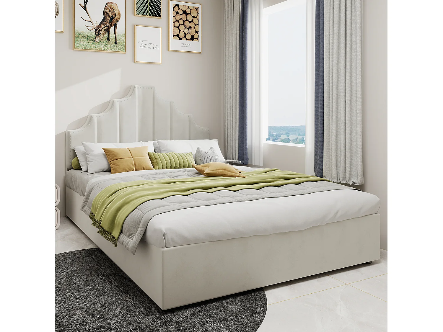 Cama con canapé 140 x 200 cm - Cama para adultos con cabecero suave y espacio de almacenaje - terciopelo holandés beige - C=colchón no incluido