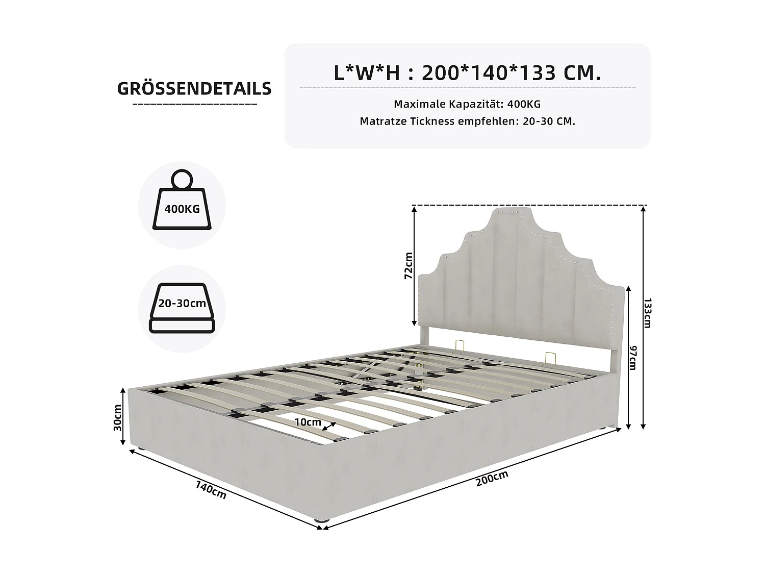 Cama con canapé 140 x 200 cm - Cama para adultos con cabecero suave y espacio de almacenaje - terciopelo holandés beige - C=colchón no incluido