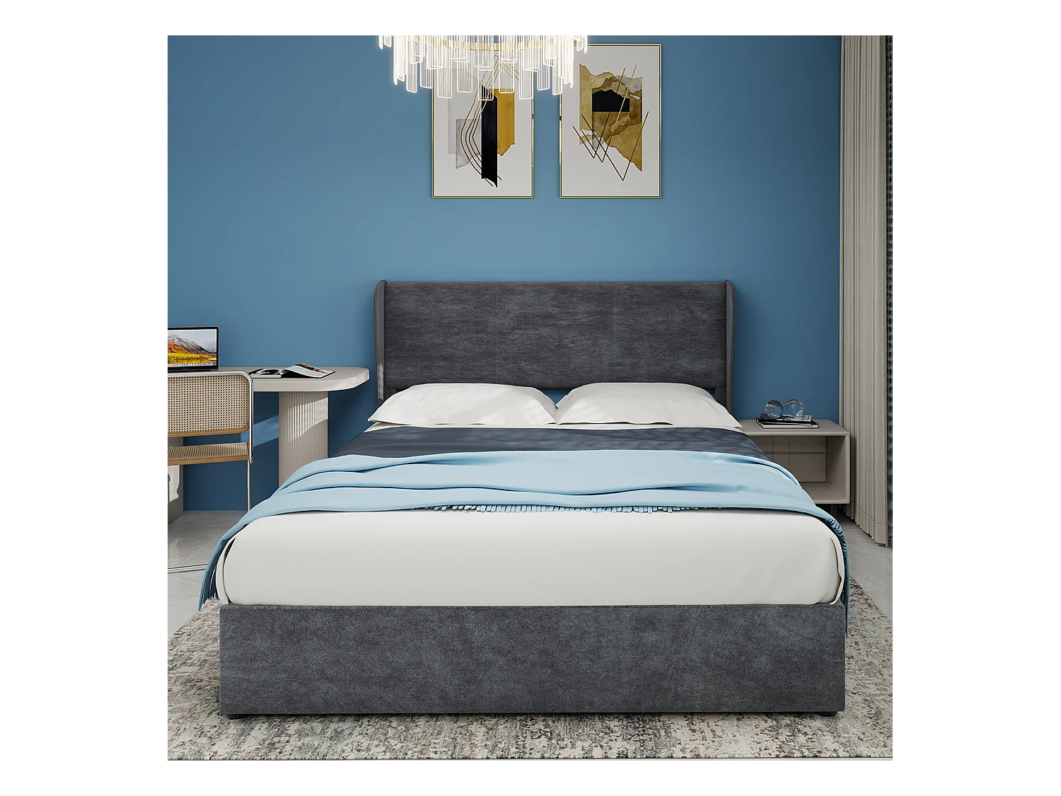 Lit coffre 140 x 200 cm - Lit adulte avec vérin et tête de lit moelleuse - velours gris - matelas non inclus