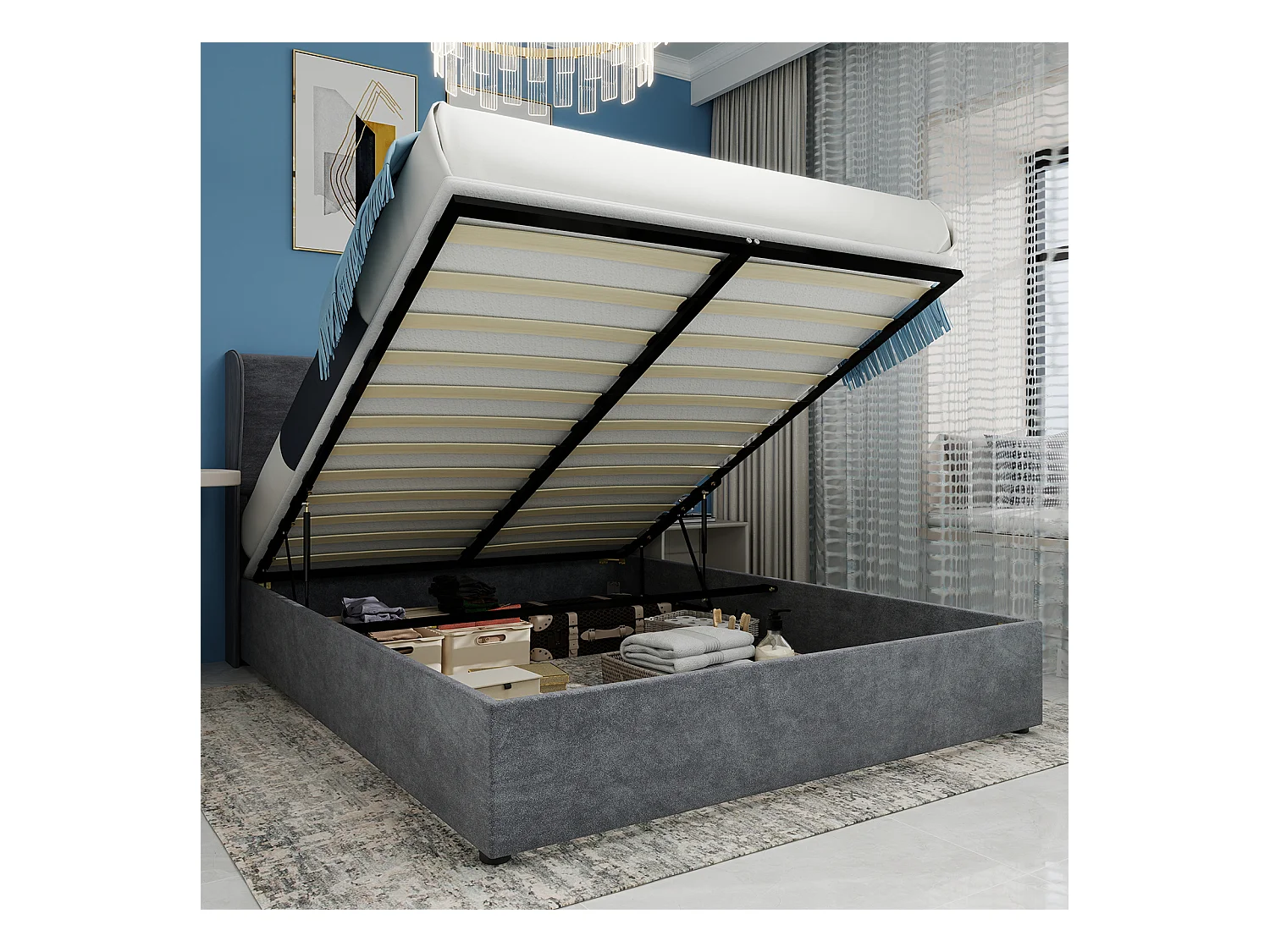 Lit coffre 140 x 200 cm - Lit adulte avec vérin et tête de lit moelleuse - velours gris - matelas non inclus