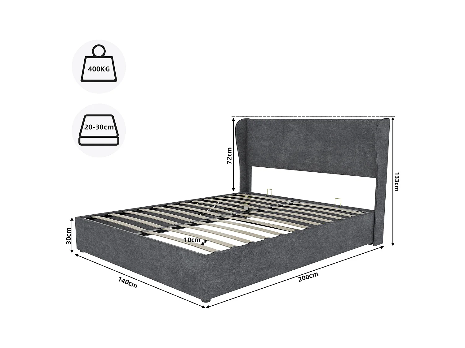 Lit coffre 140 x 200 cm - Lit adulte avec vérin et tête de lit moelleuse - velours gris - matelas non inclus