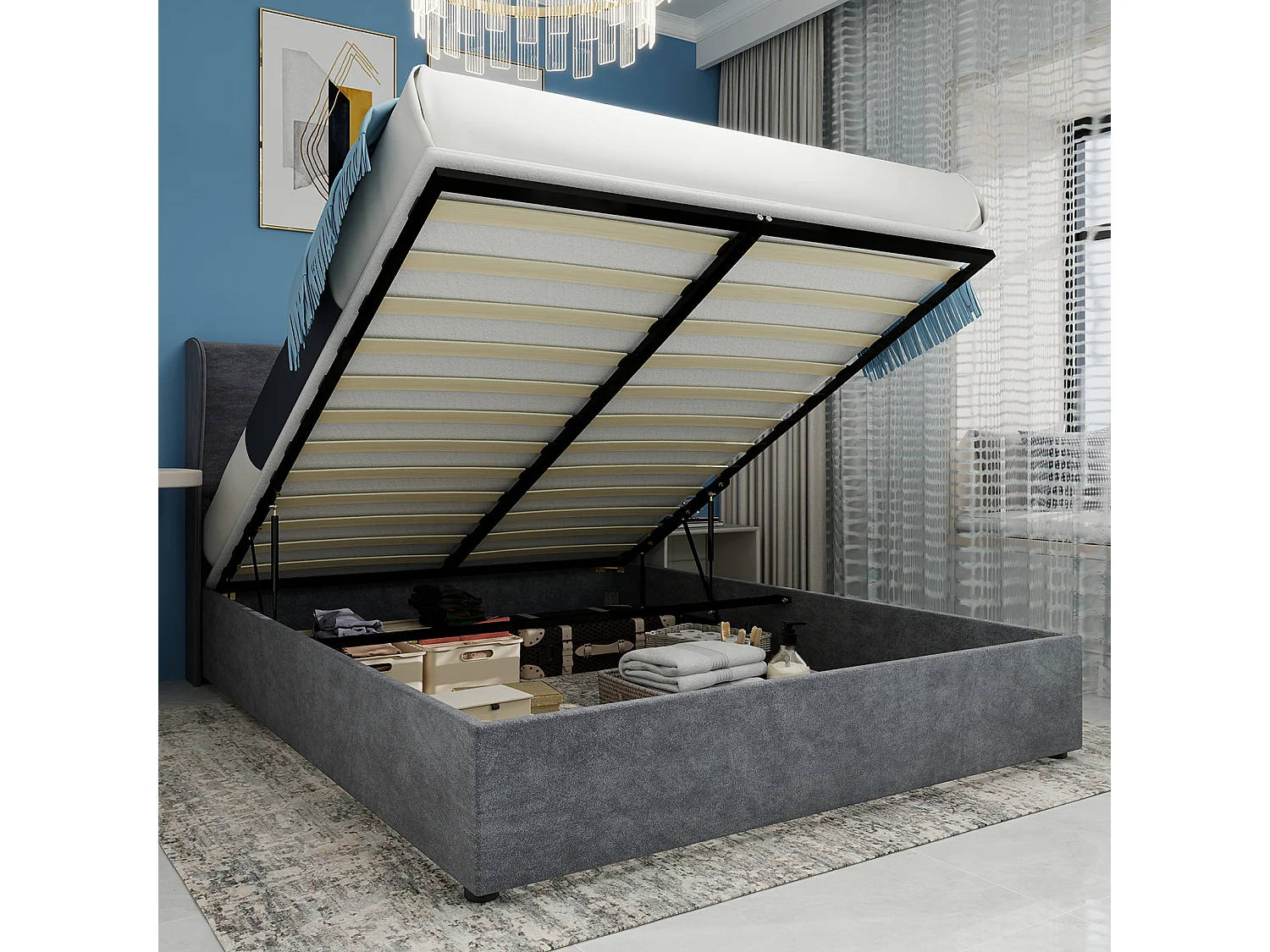 Lit coffre 140 x 200 cm - Lit adulte avec vérin et tête de lit moelleuse - velours gris - matelas non inclus