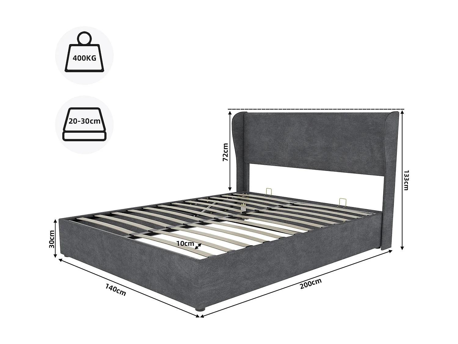 Lit coffre 140 x 200 cm - Lit adulte avec vérin et tête de lit moelleuse - velours gris - matelas non inclus