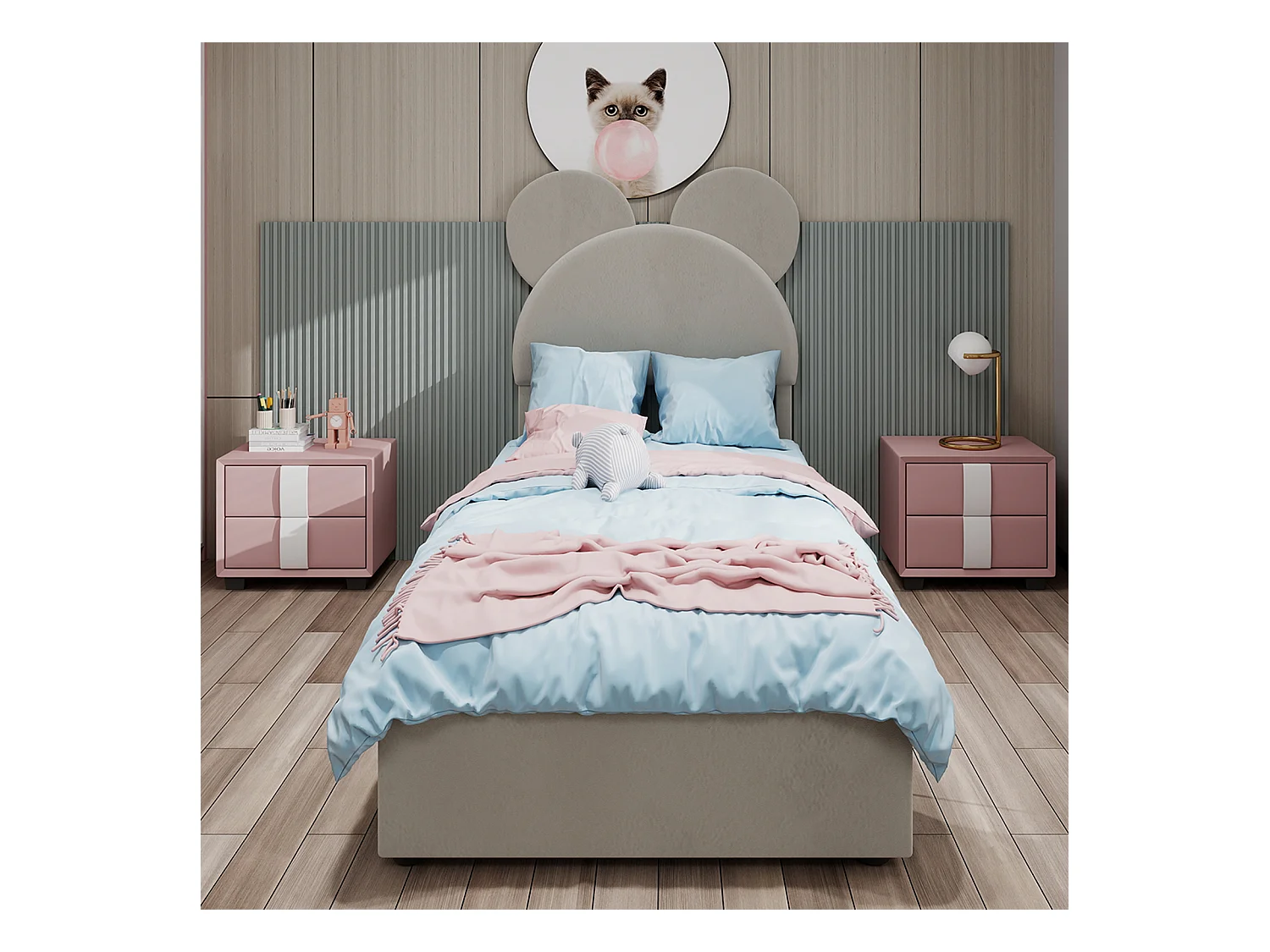 Lit coffre 90 x 200 cm - Lit enfant avec tête de lit en forme de dessin animé et sommier - velours beige - matelas non inclus
