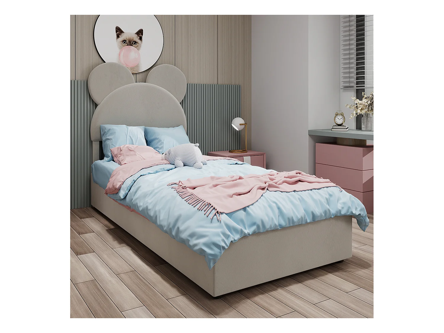 Lit coffre 90 x 200 cm - Lit enfant avec tête de lit en forme de dessin animé et sommier - velours beige - matelas non inclus
