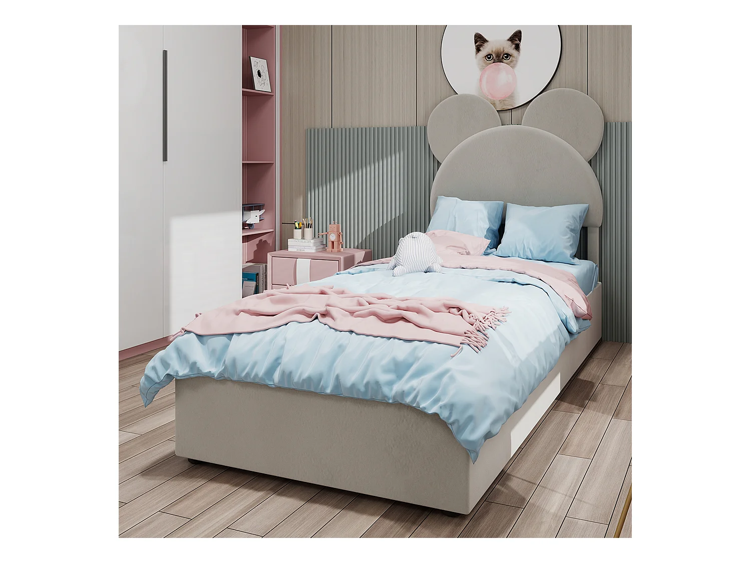 Letto contenitore 90 x 200 cm - Letto per bambini con testiera e base a fumetti - velluto beige - materasso non incluso
