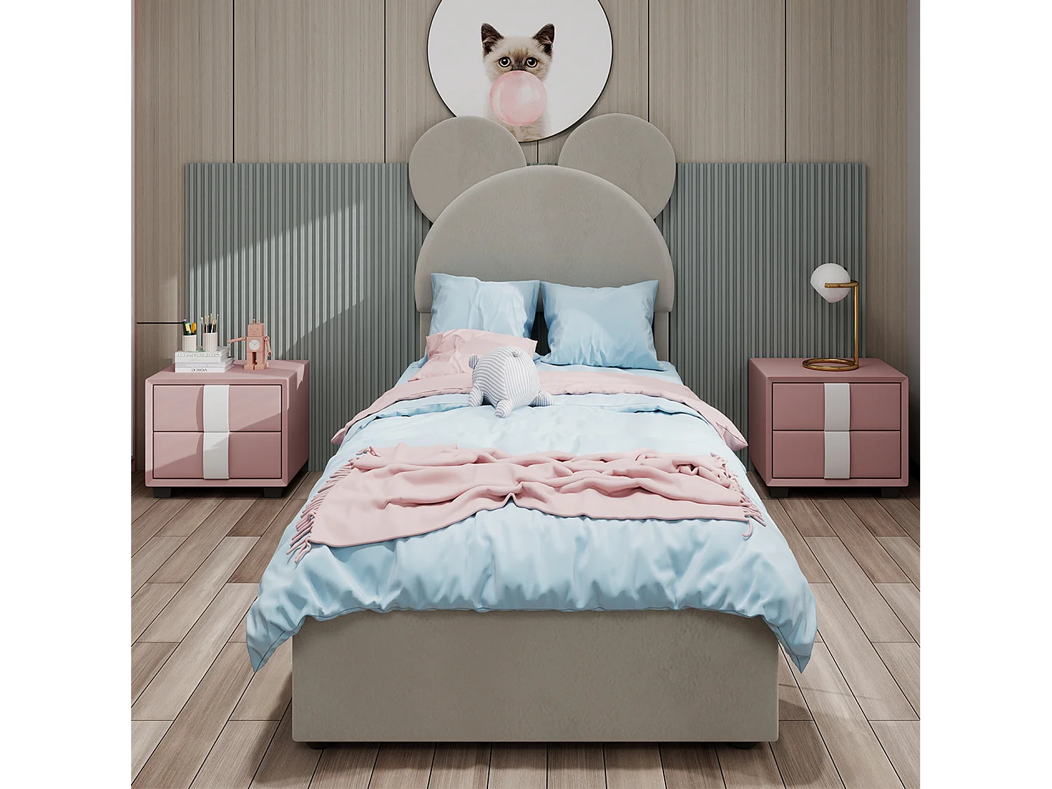 Lit coffre 90 x 200 cm - Lit enfant avec tête de lit en forme de dessin animé et sommier - velours beige - matelas non inclus