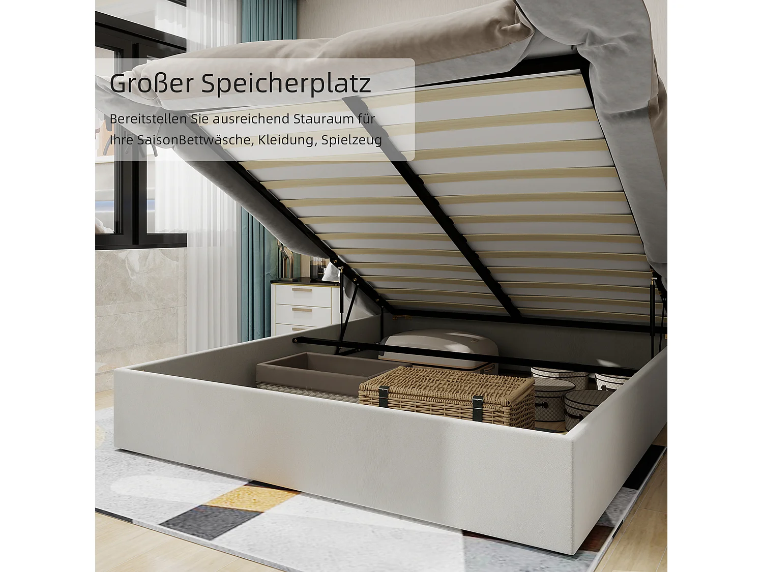 Lit coffre 90 x 200 cm - Lit enfant avec tête de lit en forme de dessin animé et sommier - velours beige - matelas non inclus