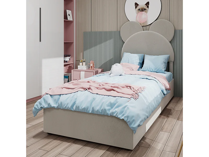 Lit coffre 90 x 200 cm - Lit enfant avec tête de lit en forme de dessin animé et sommier - velours beige - matelas non inclus