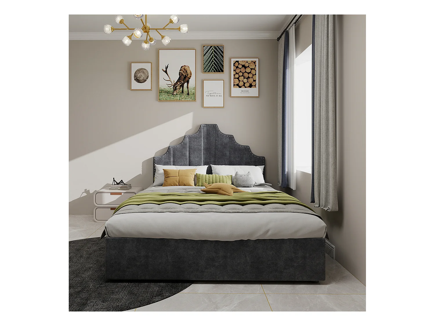 Lit coffre 140 x 200 cm - Lit adulte avec tête de lit moelleuse et rangement - velours hollandais gris - matelas non inclus