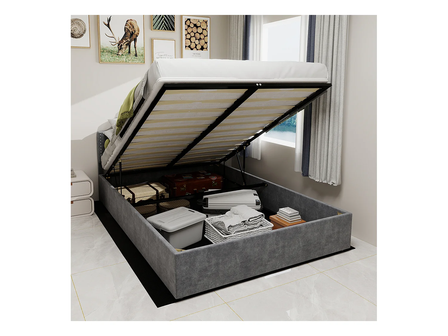 Lit coffre 140 x 200 cm - Lit adulte avec tête de lit moelleuse et rangement - velours hollandais gris - matelas non inclus