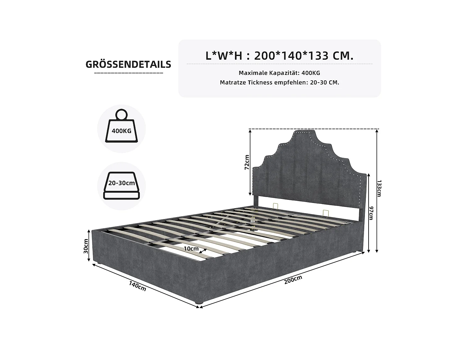 Lit coffre 140 x 200 cm - Lit adulte avec tête de lit moelleuse et rangement - velours hollandais gris - matelas non inclus