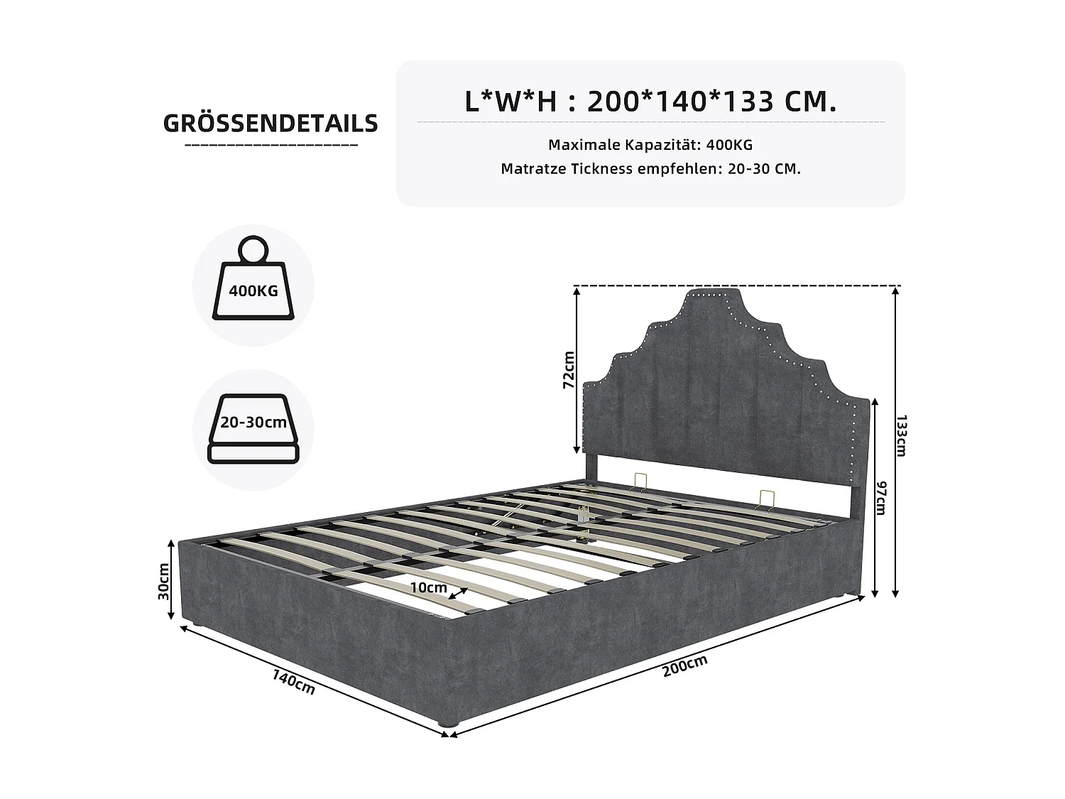 Lit coffre 140 x 200 cm - Lit adulte avec tête de lit moelleuse et rangement - velours hollandais gris - matelas non inclus
