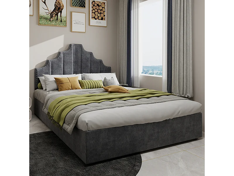 Lit coffre 140 x 200 cm - Lit adulte avec tête de lit moelleuse et rangement - velours hollandais gris - matelas non inclus