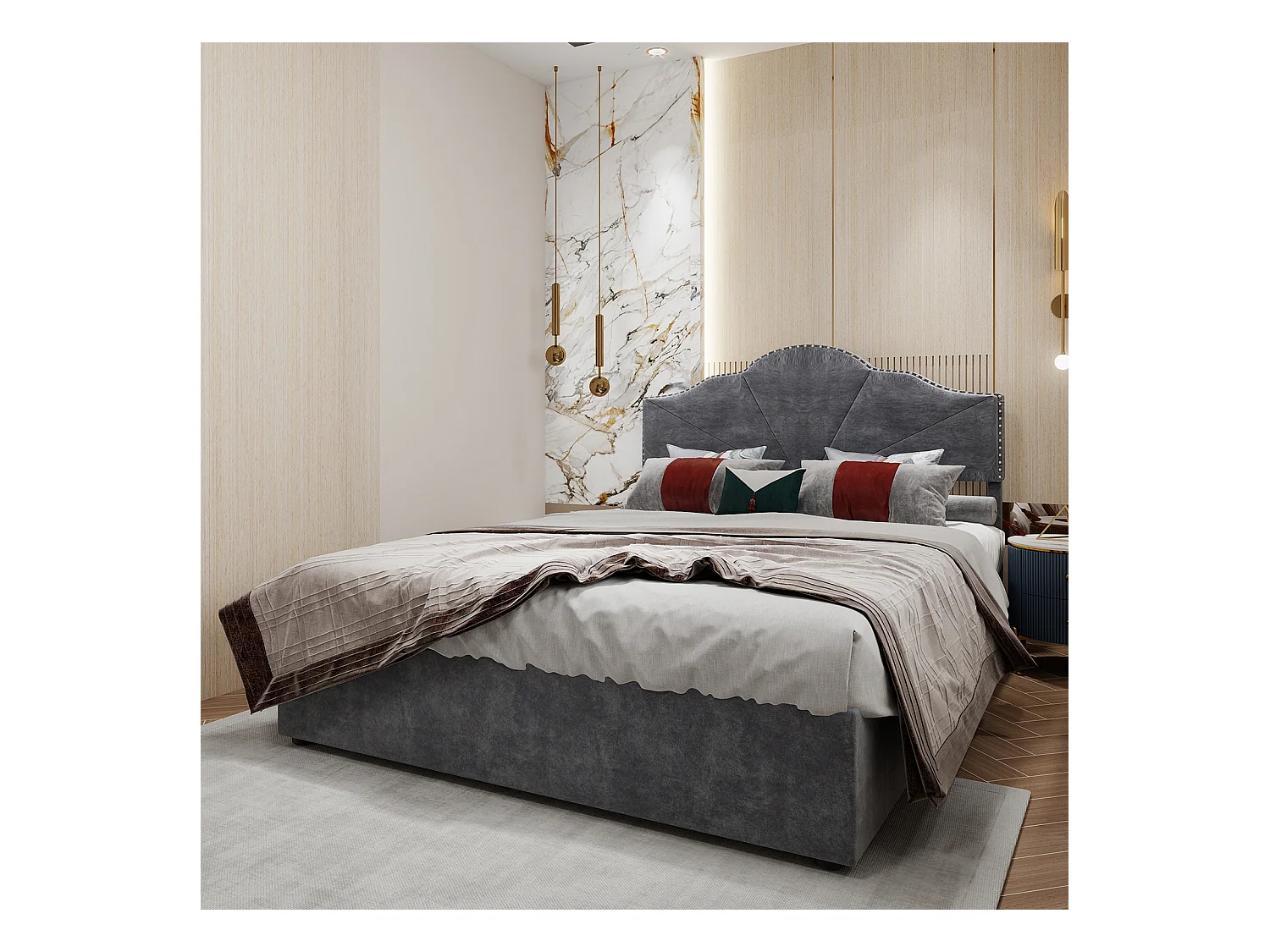 Lit coffre 140 x 200 cm - Lit double avec tête de lit moelleuse et rangement - velours gris - matelas non inclus