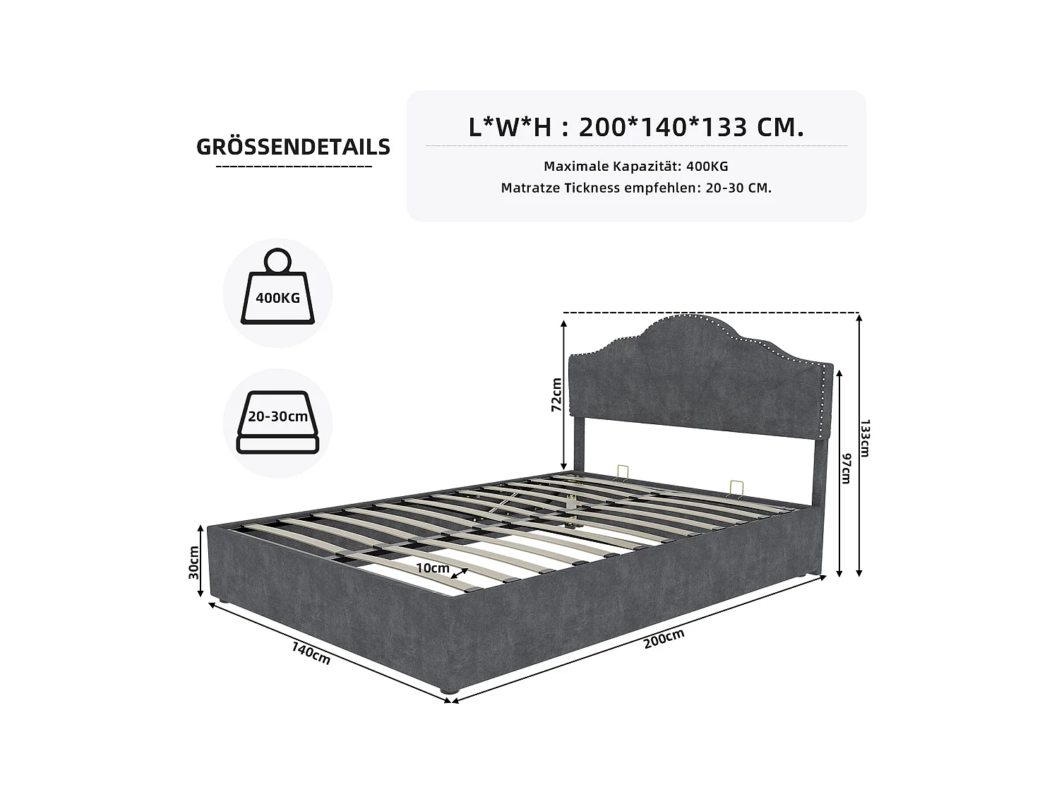 Lit coffre 140 x 200 cm - Lit double avec tête de lit moelleuse et rangement - velours gris - matelas non inclus
