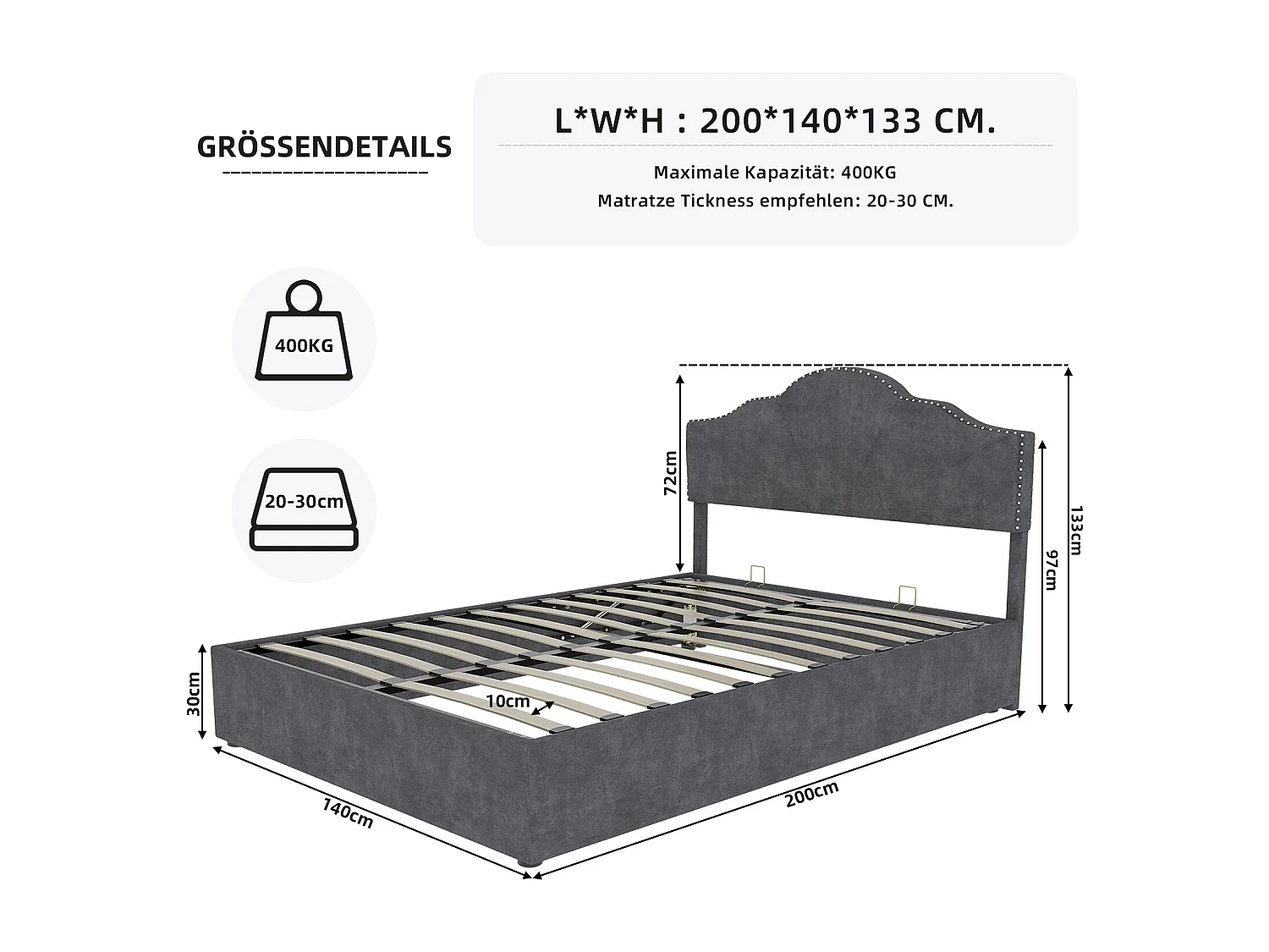 Lit coffre 140 x 200 cm - Lit double avec tête de lit moelleuse et rangement - velours gris - matelas non inclus