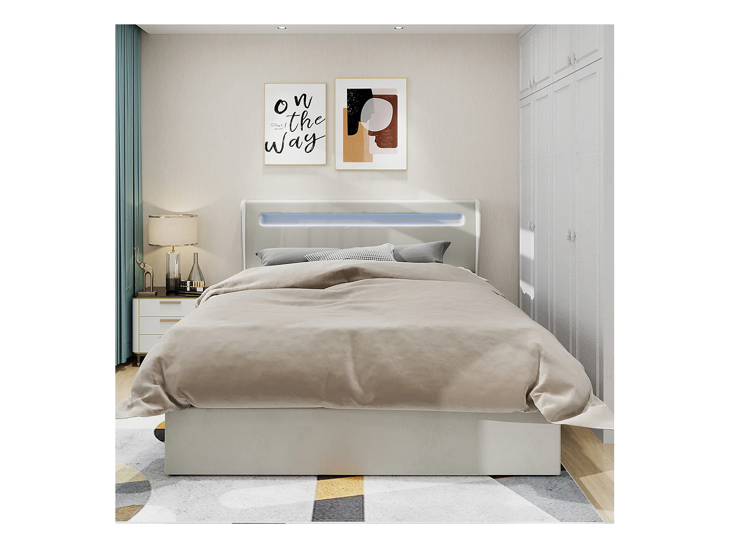 Lit coffre 160 x 200 cm - Lit adulte avec éclairage LED et sommier - velours beige - matelas non inclus