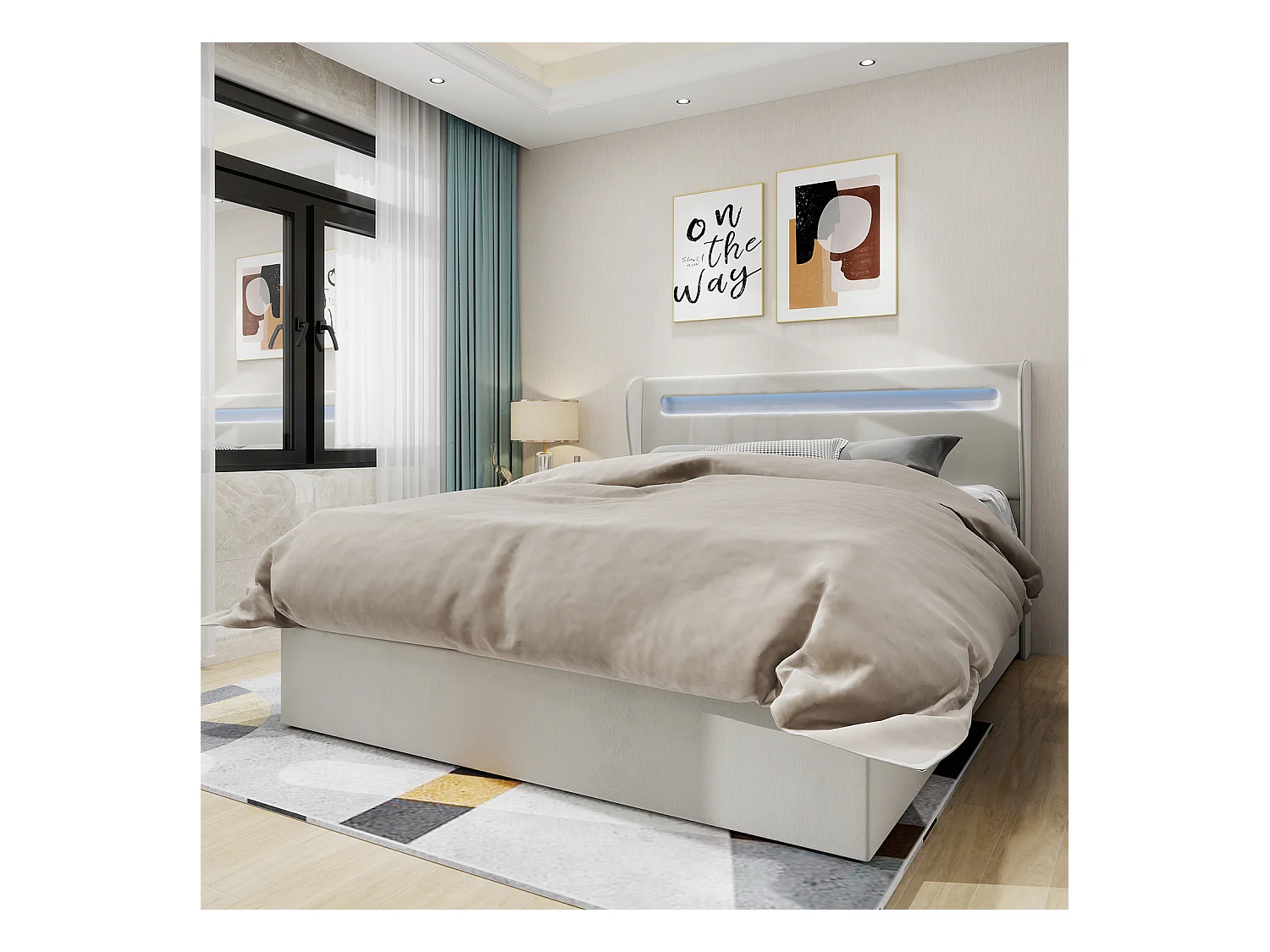 Opbergbed 160 x 200 cm - Volwassen bed met LED-verlichting en bedbodem - beige fluweel - matras niet inbegrepen