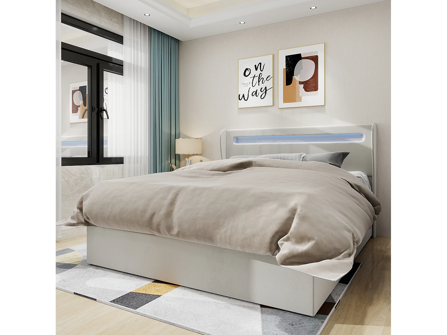 Cama com arrumação 160 x 200 cm - Cama de adulto com iluminação LED e base - veludo bege - colchão não incluído