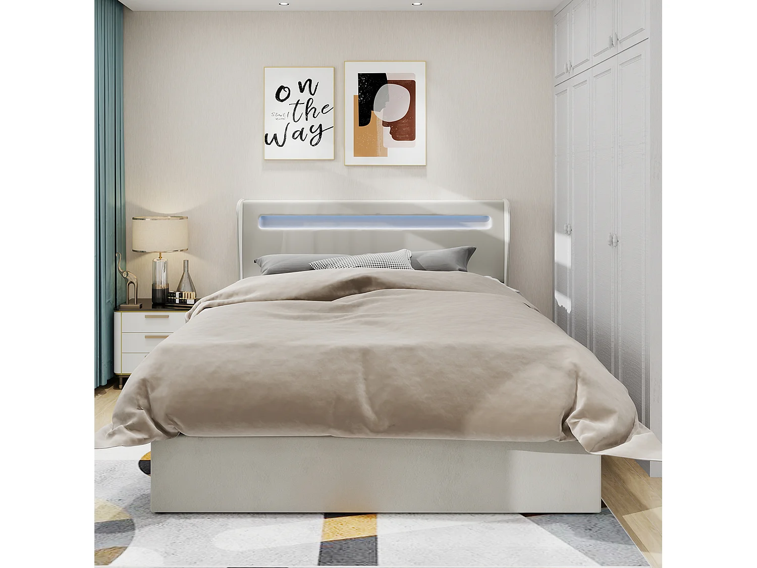 Cama com arrumação 160 x 200 cm - Cama de adulto com iluminação LED e base - veludo bege - colchão não incluído